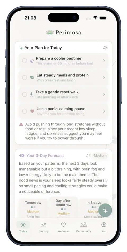 Perimosa app showing a personalized action plan with exercise recommendations for managing perimenopause symptoms