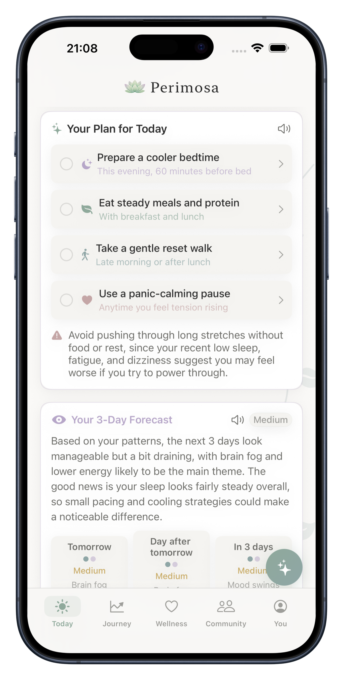 Perimosa app showing a personalized action plan tracking weight changes alongside other perimenopause symptoms