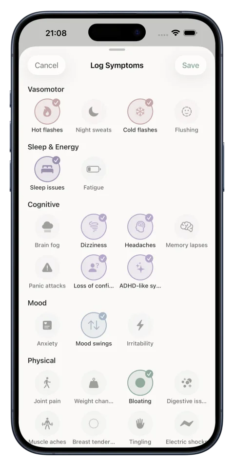 Perimosa symptom logging sheet grouped into vasomotor, sleep and energy, cognitive, mood and physical categories, with several symptoms selected for the day