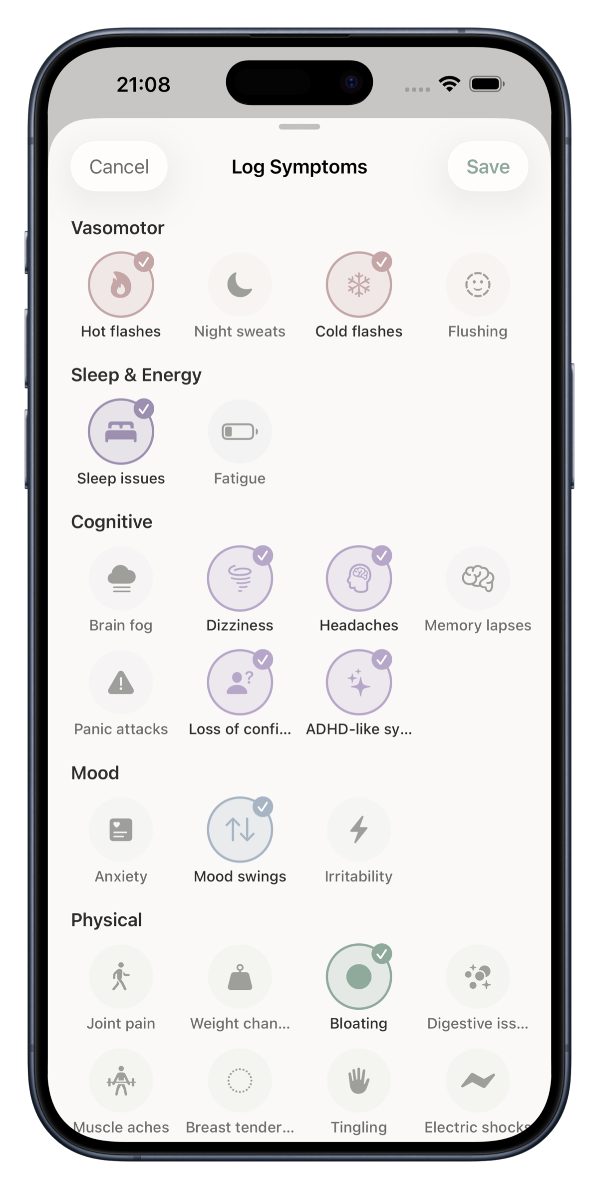 Perimosa Log Symptoms screen — full catalog of 30+ perimenopause symptoms organized by category, including vasomotor, sleep, cognitive, mood, and physical