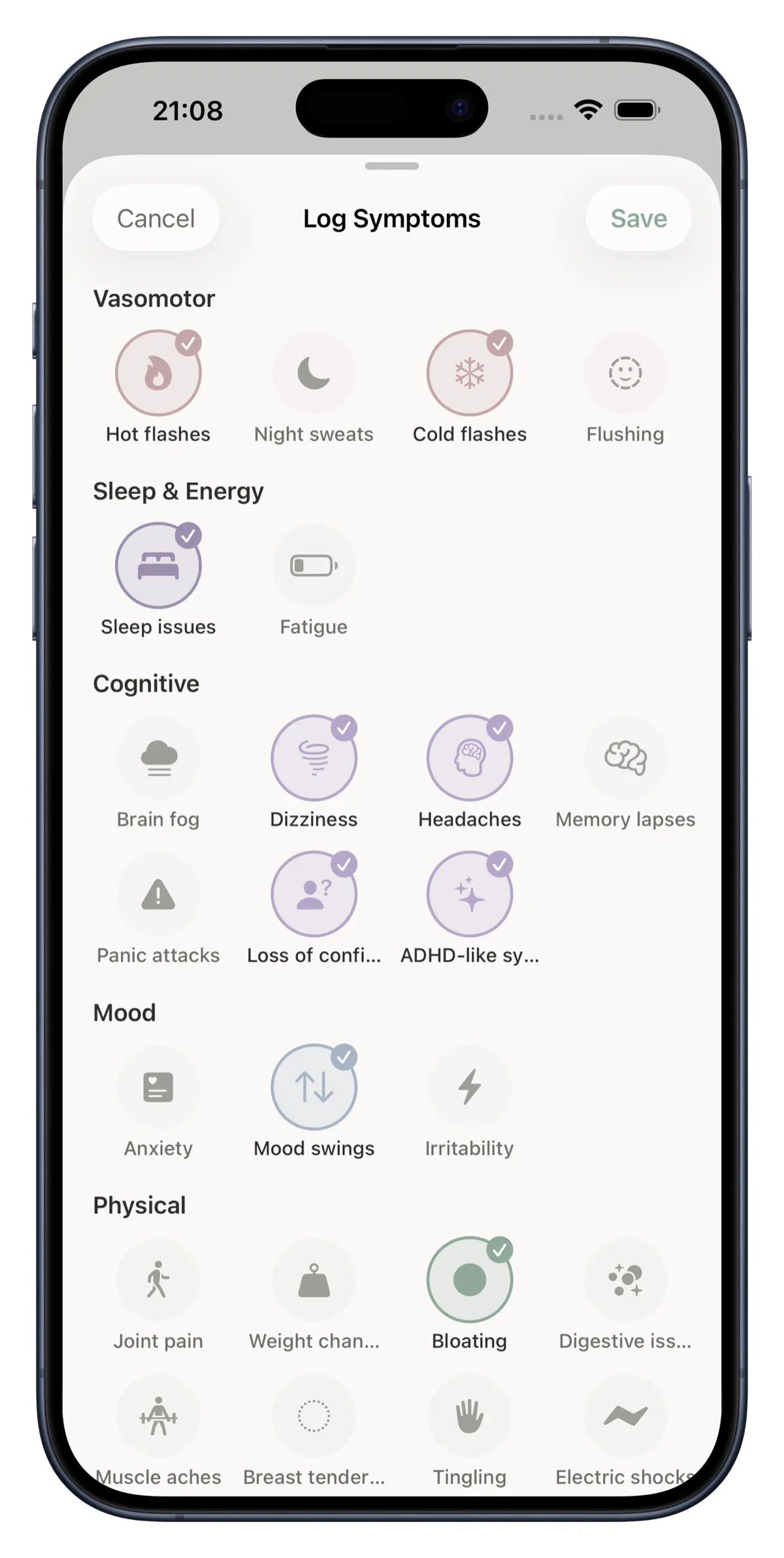 Perimosa Log Symptoms screen — full catalog of 30+ perimenopause symptoms organized by category, including vasomotor, sleep, cognitive, mood, and physical