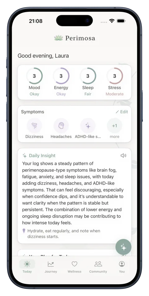 Perimosa Today screen with daily mood, energy, sleep and stress rings and an AI Daily Insight naming the pattern across recent days