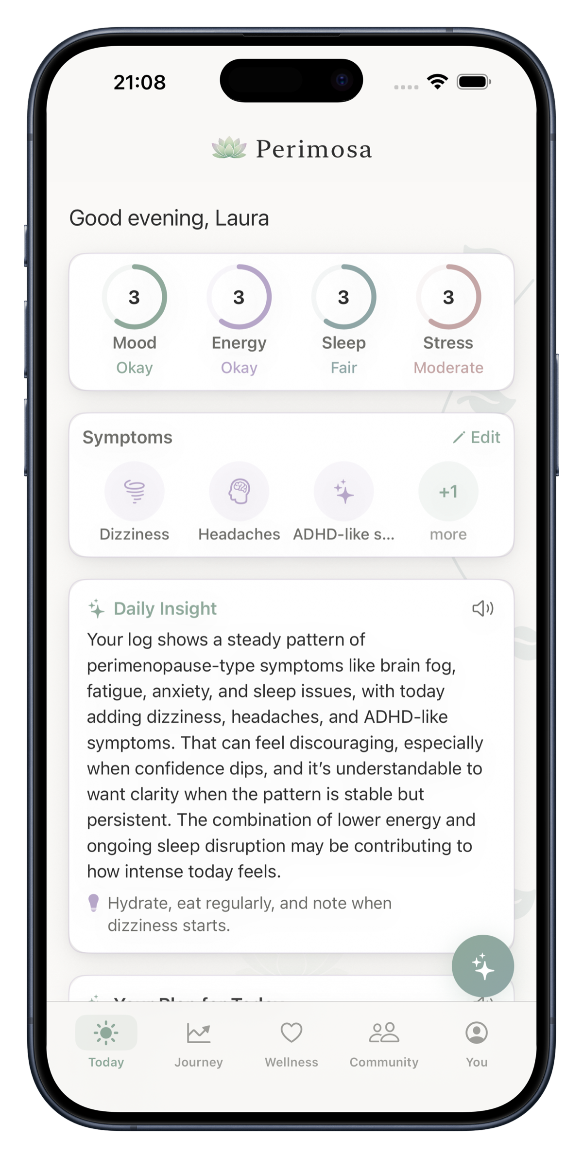 Perimosa app showing a daily symptom insight