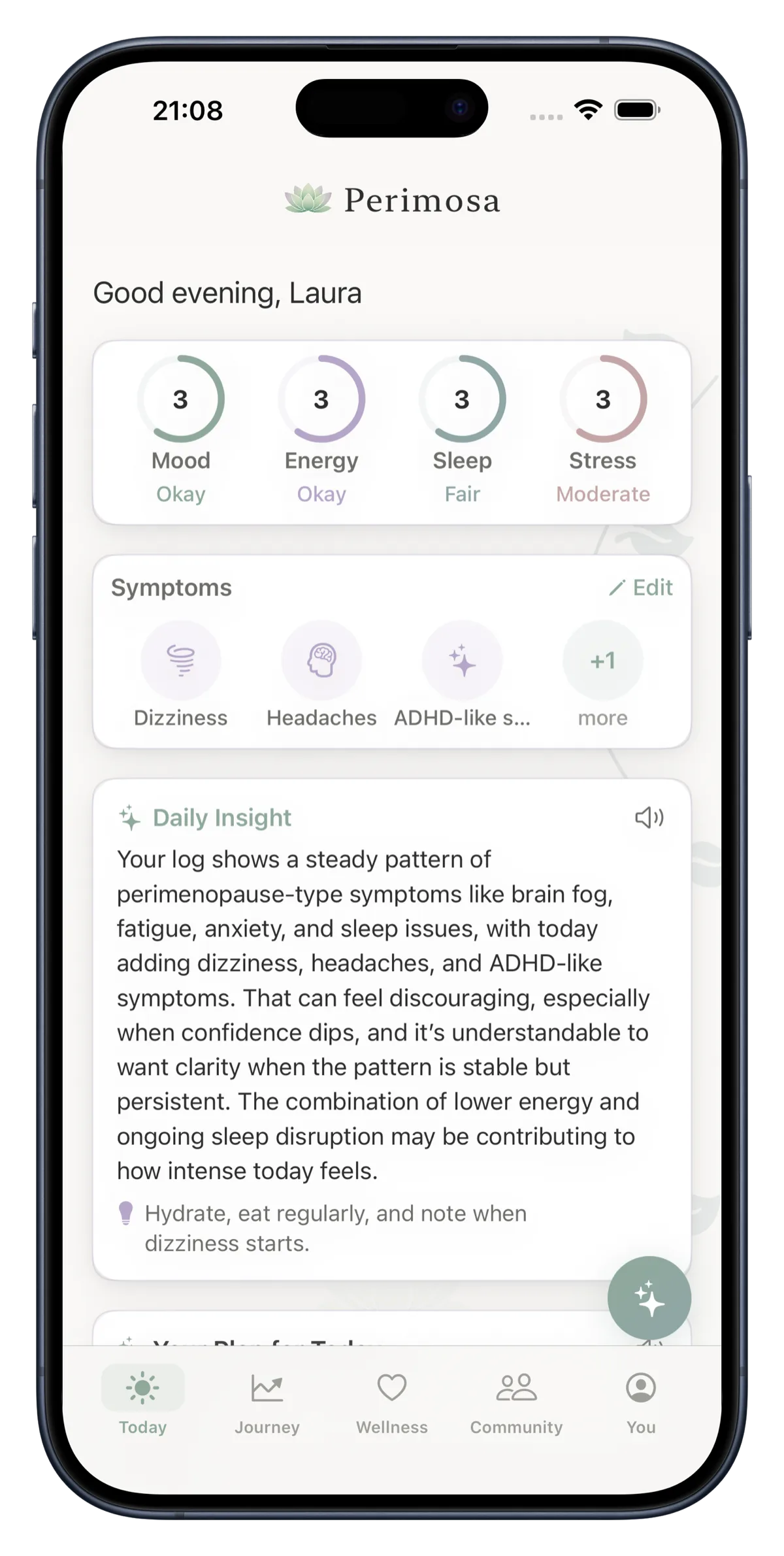 Perimosa Today screen for a woman in her 30s — daily mood, energy, sleep and stress rings plus an AI Daily Insight that catches the perimenopause-type pattern early